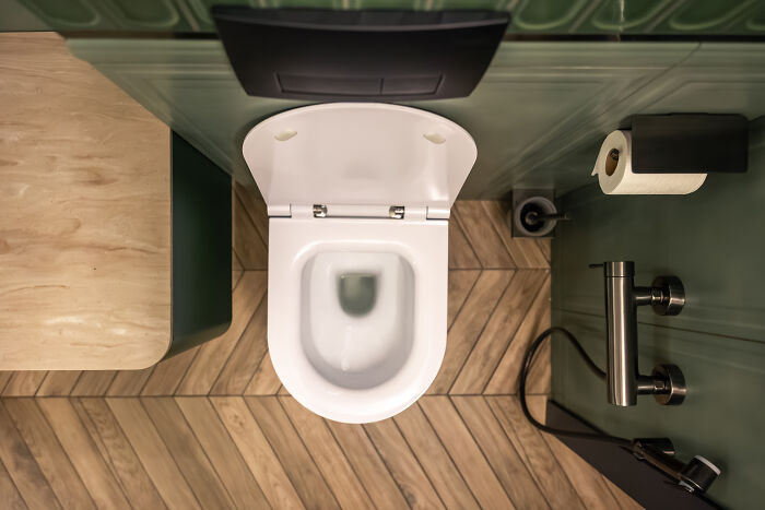 An overhead view of a clean toilet, symbolizing unhinged house rules that make sense to the family.