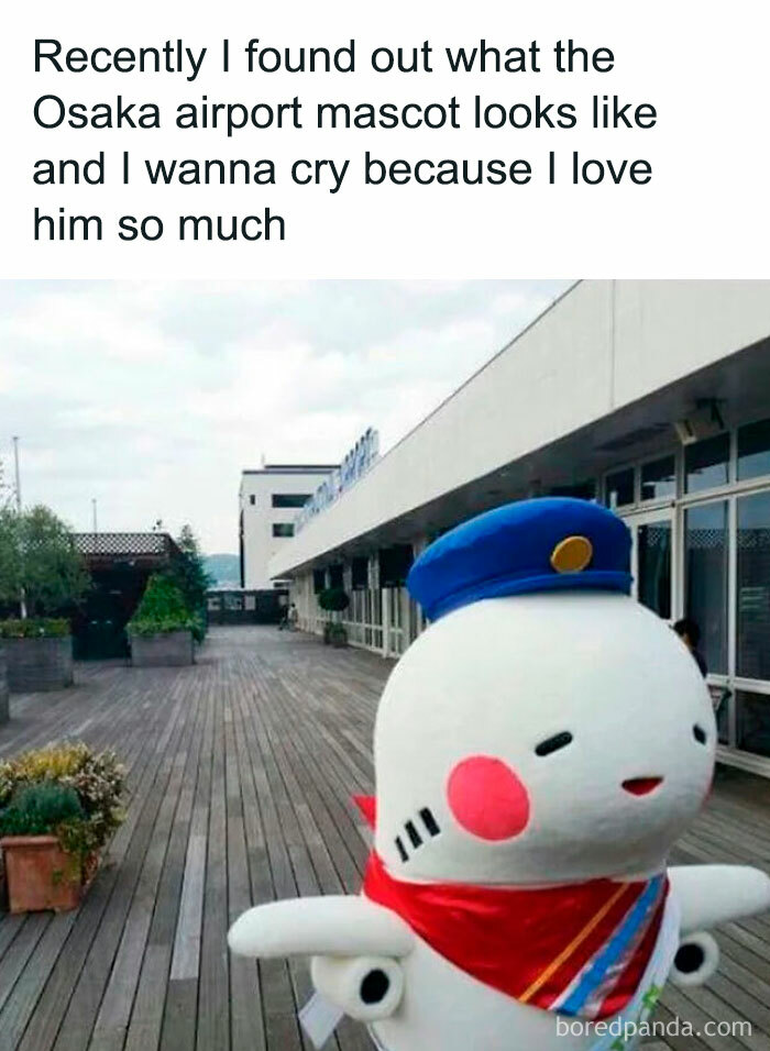 A wholesome post featuring the adorable Osaka airport mascot, a white figure with a blue hat and red scarf.