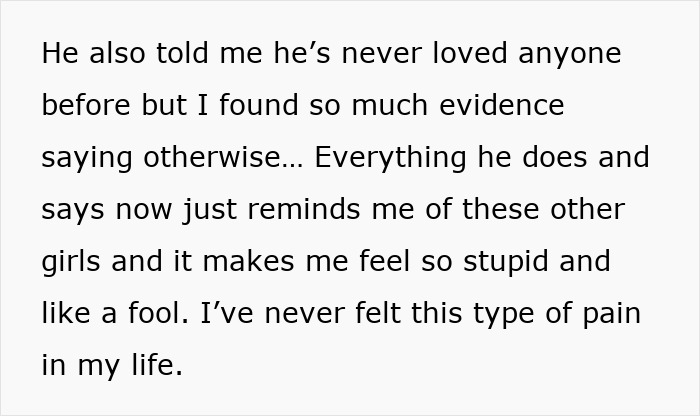 A pregnant woman feels foolish after finding evidence that her husband lied about never loving anyone else before. A pregnant woman feels foolish after finding evidence that her husband lied about never loving anyone else before.