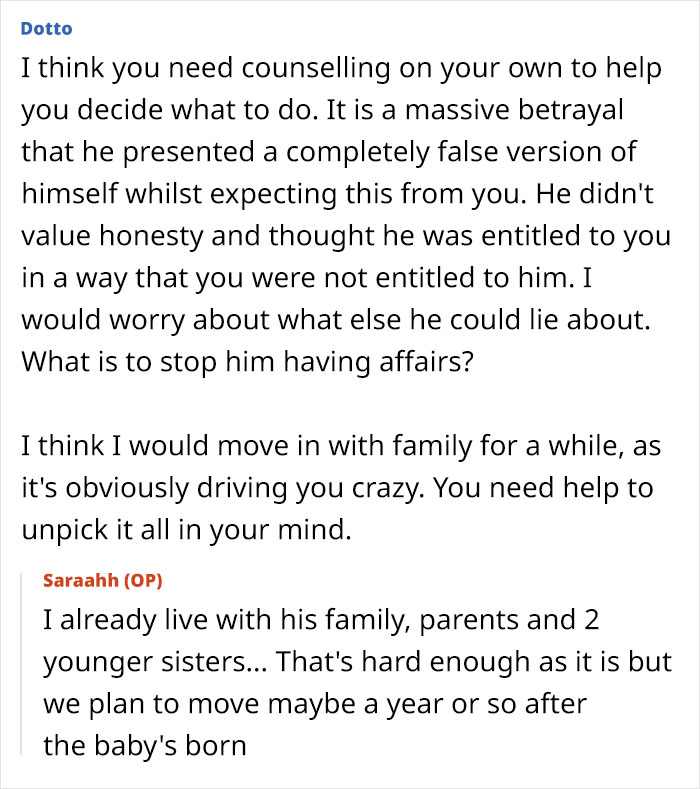 A pregnant woman can't look at her husband the same after finding his old messages, discussing counselling. A pregnant woman can't look at her husband the same after finding his old messages, discussing counselling.