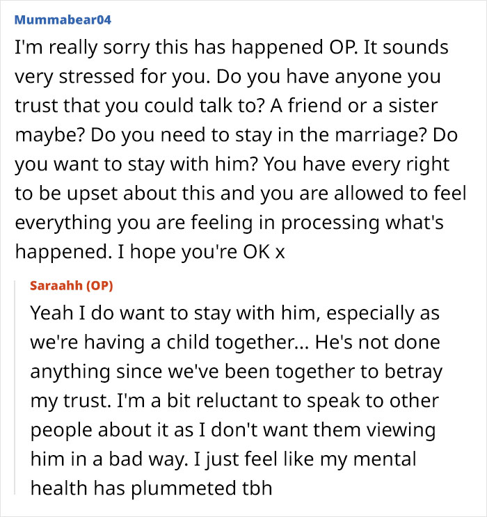 A pregnant woman can't look at her husband the same after finding his old messages, feeling stressed. A pregnant woman can't look at her husband the same after finding his old messages, feeling stressed.