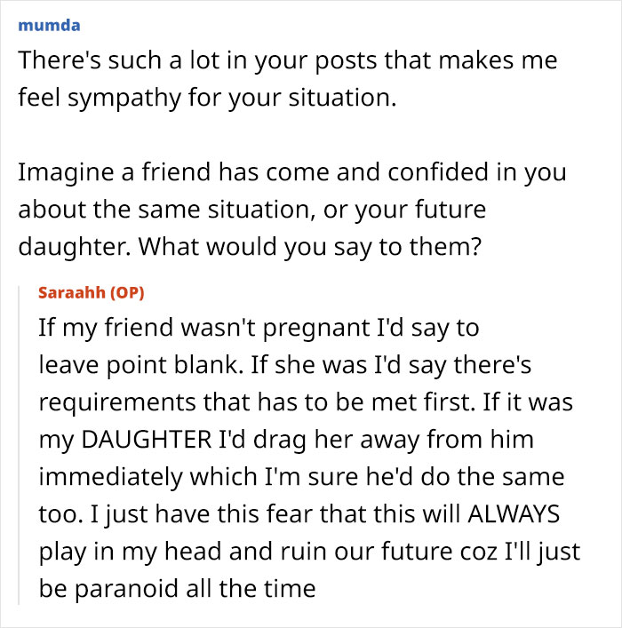 A pregnant woman can't look at her husband the same after finding his old messages, feeling fear about the future. A pregnant woman can't look at her husband the same after finding his old messages, feeling fear about the future.