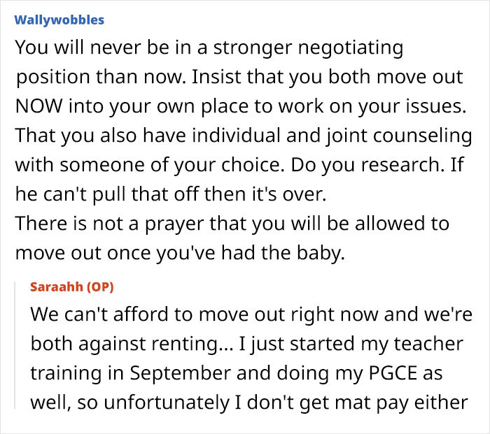 A pregnant woman reads a comment about her husband's messages and financial situation, seeking advice. A pregnant woman reads a comment about her husband's messages and financial situation, seeking advice.