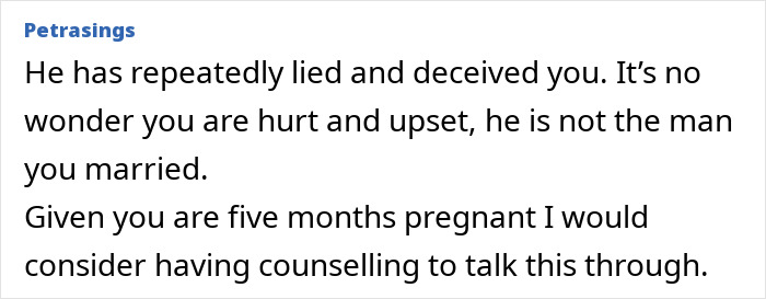 A pregnant woman cannot look at her husband the same after finding old messages, with advice to seek counselling. A pregnant woman cannot look at her husband the same after finding old messages, with advice to seek counselling.