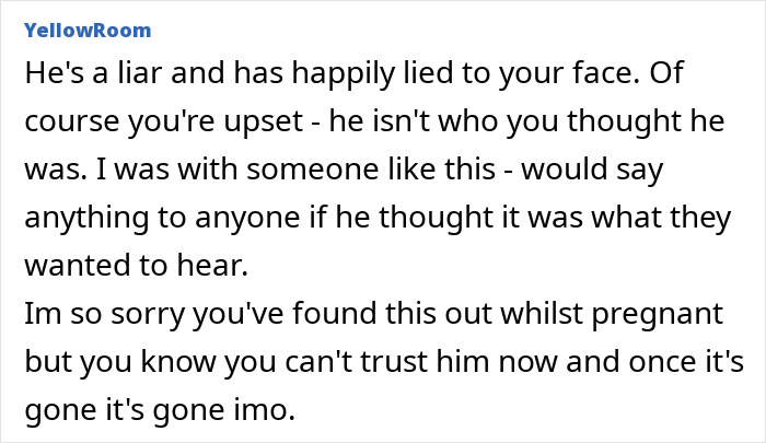 A screenshot of a forum post discussing a pregnant woman's husband, his old messages, and trust issues. A screenshot of a forum post discussing a pregnant woman's husband, his old messages, and trust issues.