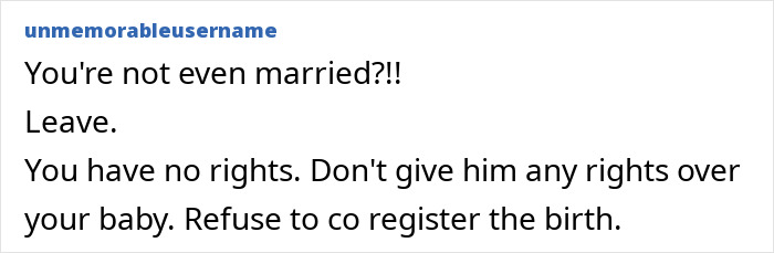 A screenshot of a short forum comment advising a pregnant woman about her husband, old messages, and legal rights. A screenshot of a short forum comment advising a pregnant woman about her husband, old messages, and legal rights.