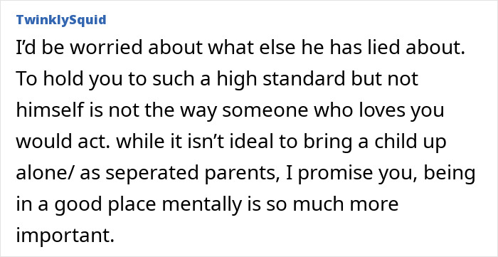 A screenshot of a comment from TwinklySquid about a pregnant woman and her husband's old messages. A screenshot of a comment from TwinklySquid about a pregnant woman and her husband's old messages.