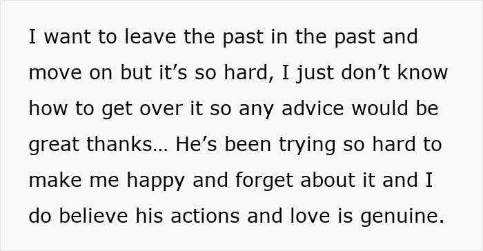 Pregnant woman seeks advice on moving past husband's old messages, acknowledging his efforts to make her happy. Pregnant woman seeks advice on moving past husband's old messages, acknowledging his efforts to make her happy.