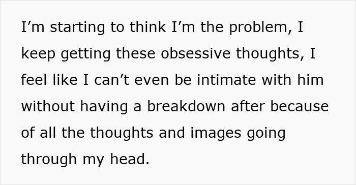 A pregnant woman shares obsessive thoughts about her husband after finding his old messages, feeling intimacy is impossible. A pregnant woman shares obsessive thoughts about her husband after finding his old messages, feeling intimacy is impossible.