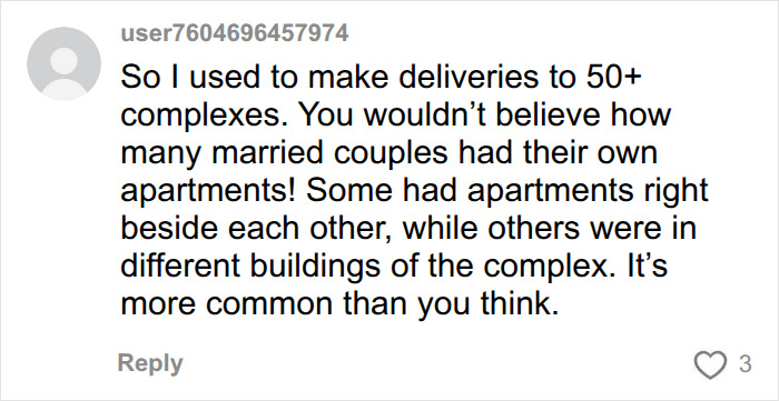 A comment on the surprising number of married couples in 50+ complexes living in separate apartments. A comment on the surprising number of married couples in 50+ complexes living in separate apartments.