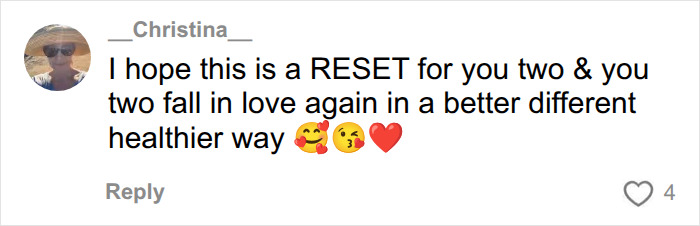 A comment from Christina hoping the separate apartment arrangement helps a couple fall in love again in their marriage. A comment from Christina hoping the separate apartment arrangement helps a couple fall in love again in their marriage.