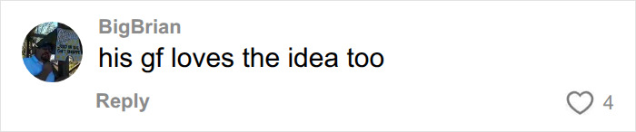 A comment from BigBrian that says: his gf loves the idea too, referencing the separate apartment marriage arrangement. A comment from BigBrian that says: his gf loves the idea too, referencing the separate apartment marriage arrangement.