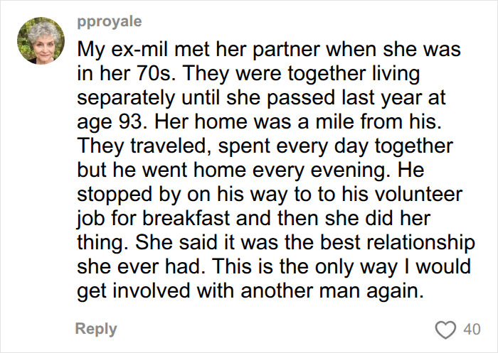 A comment detailing an ex-mil's successful separate living arrangement with her partner, improving marriage. A comment detailing an ex-mil's successful separate living arrangement with her partner, improving marriage.