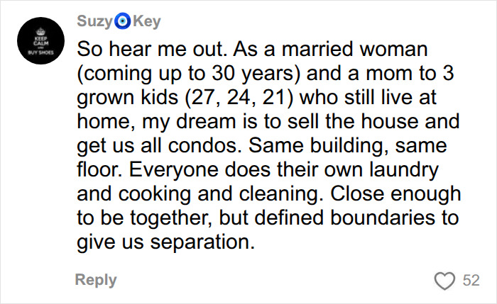 A comment about a married woman's dream of separate apartments for her family improving marriage. A comment about a married woman's dream of separate apartments for her family improving marriage.