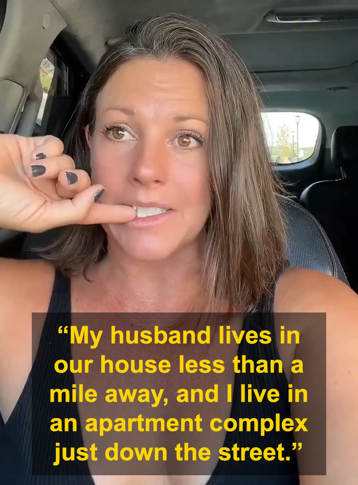 A woman inside a car, with text overlay: My husband lives in our house less than a mile away, and I live in an apartment complex just down the street. She claims separate apartments are amazing for marriage. A woman inside a car, with text overlay: My husband lives in our house less than a mile away, and I live in an apartment complex just down the street. She claims separate apartments are amazing for marriage.