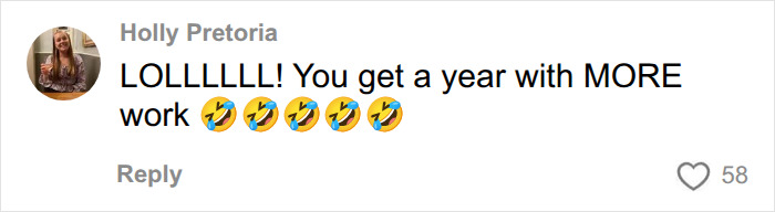 A social media comment laughing about a year of more work, relating to having kids. A social media comment laughing about a year of more work, relating to having kids.