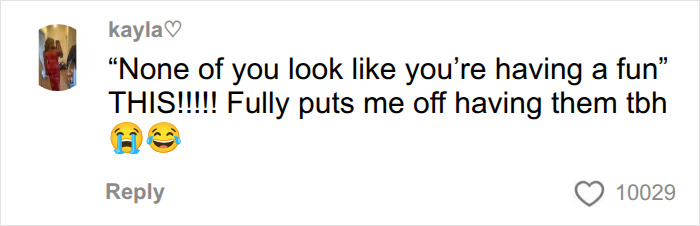 A social media comment from kayla, stating brutal reasons put her off having kids. A social media comment from kayla, stating brutal reasons put her off having kids.