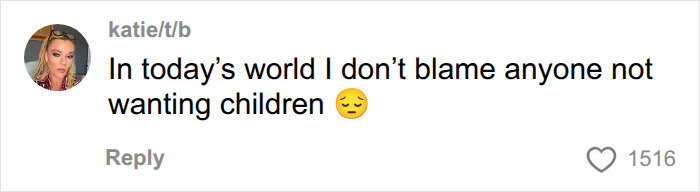 A comment from a user, katie/t/b, stating she doesn't blame anyone for not wanting children in today's world. A comment from a user, katie/t/b, stating she doesn't blame anyone for not wanting children in today's world.
