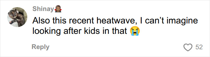 A comment about not imagining looking after kids during a heatwave, a reason for not having kids. A comment about not imagining looking after kids during a heatwave, a reason for not having kids.