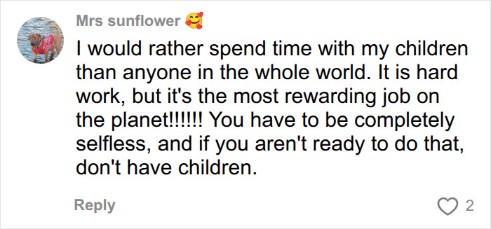 A social media comment from Mrs sunflower, sharing a parents perspective on having children, saying it's hard but rewarding. A social media comment from Mrs sunflower, sharing a parents perspective on having children, saying it's hard but rewarding.