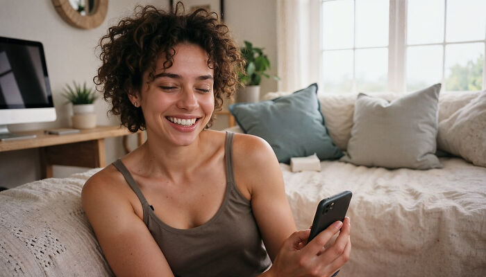 A smiling woman looking at her phone on a couch, suggesting a house rule regarding screen time or shared spaces.