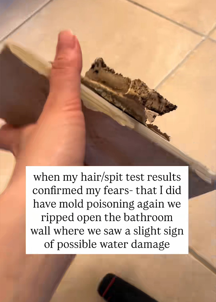 A hand holds up a piece of a ripped-open bathroom wall, revealing water damage that caused unexplained symptoms. A hand holds up a piece of a ripped-open bathroom wall, revealing water damage that caused unexplained symptoms.
