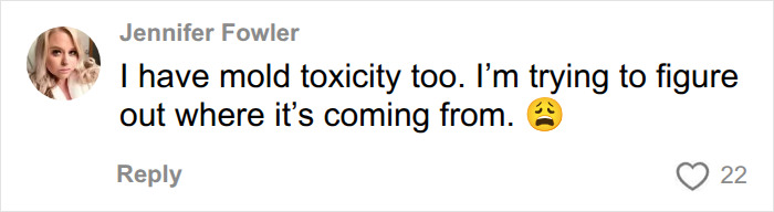 A comment about experiencing mold toxicity and trying to identify its source, causing unexplained symptoms. A comment about experiencing mold toxicity and trying to identify its source, causing unexplained symptoms.