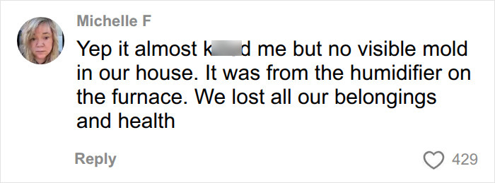 A comment from Michelle F describing almost being k****d by unseen mold from a humidifier and losing health due to unexplained symptoms months later. A comment from Michelle F describing almost being k****d by unseen mold from a humidifier and losing health due to unexplained symptoms months later.