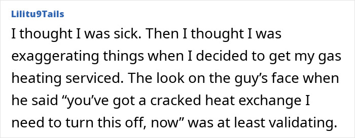 A comment about a cracked heat exchange discovered after feeling sick, relating to strange scalp sensations after showering. A comment about a cracked heat exchange discovered after feeling sick, relating to strange scalp sensations after showering.