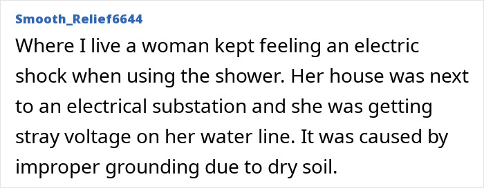 A comment describing a woman experiencing electric shock from stray voltage on her water line causing scalp sensations. A comment describing a woman experiencing electric shock from stray voltage on her water line causing scalp sensations.