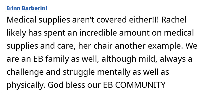 Screenshot of text from Erinn Barberini mentioning a family with a rare skin condition and medical supply costs. Screenshot of text from Erinn Barberini mentioning a family with a rare skin condition and medical supply costs.
