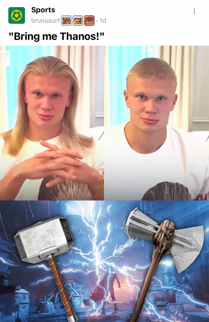 Erling Haaland meme with his iconic locks and new haircut, comparing him to Thor wielding Mjolnir and Stormbreaker.