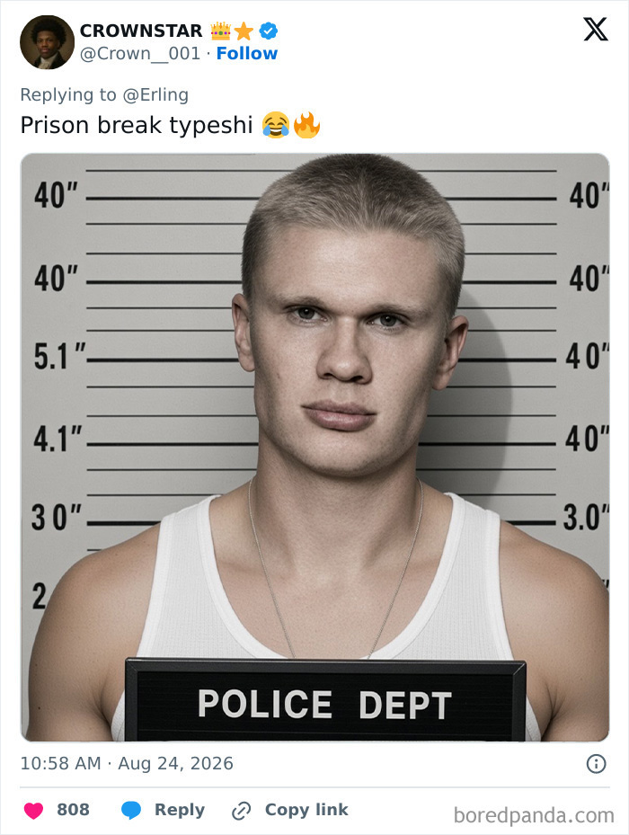 Mugshot meme of Erling Haaland with a buzz cut, referencing prison break typeshi and his new haircut.