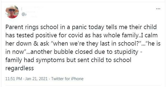 A parent tweets about another parent who chose the wrong way to solve a problem: sending a COVID-positive child to school.
