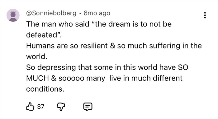 A YouTube comment about the resilience of humans and the suffering in the world, contrasting the conditions in the city above the clouds.