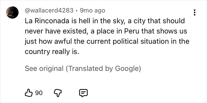 A YouTube comment describing La Rinconada, a city above the clouds in Peru, as a hell in the sky, reflecting on crime and political situation.