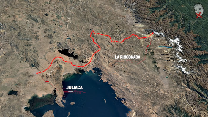 Satellite view of the city above the clouds, La Rinconada, and Juliaca, highlighting routes associated with crime.