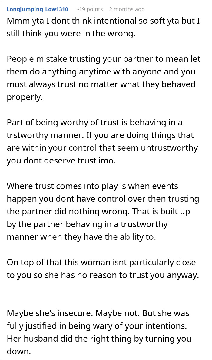 A screenshot of a comment from a user named Longjumping_Low1310 about a husband and miscommunication, discussing trust in a relationship.