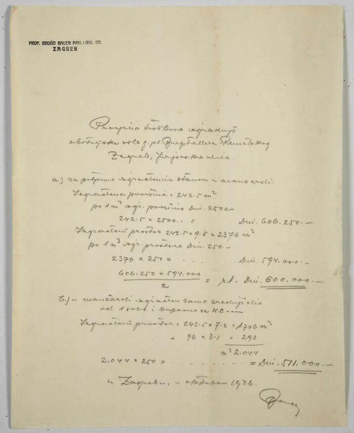 A handwritten document with calculations and text in Croatian, resembling a historical manuscript or legal paper.