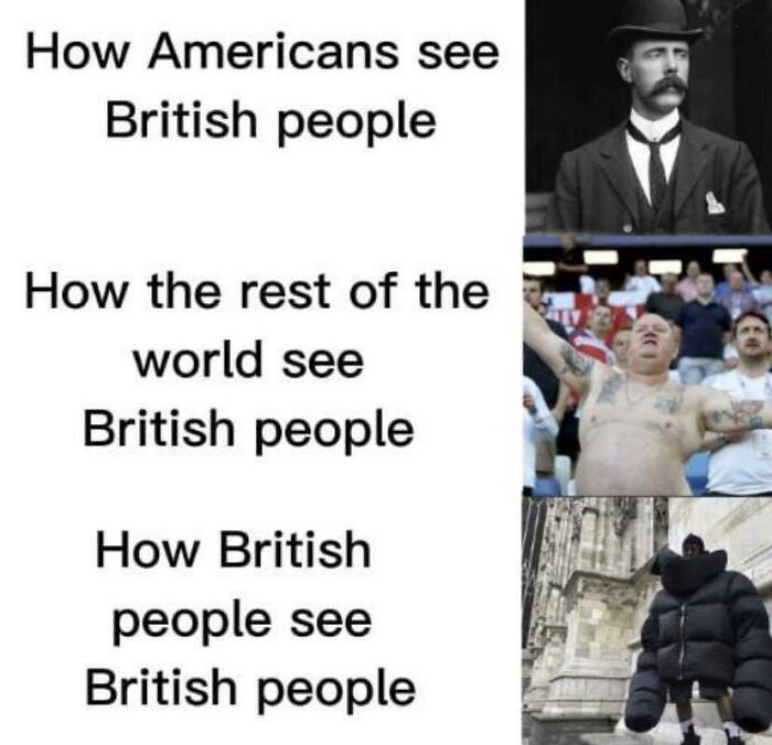 A meme comparing how different cultures perceive British people, showcasing the unique British humor.