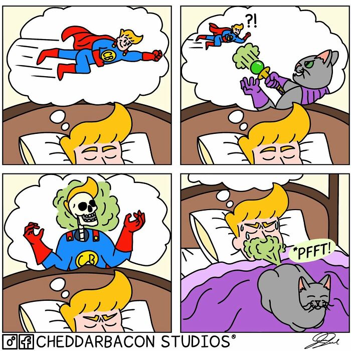 Hilarious comic: Man dreams of flying, then gets gassed by a cat with broccoli, eventually farting broccoli in bed.