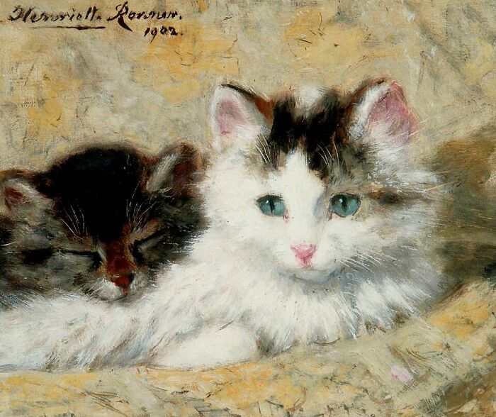 An artist's cat painting featuring two kittens; one with bright blue eyes, the other napping beside it.