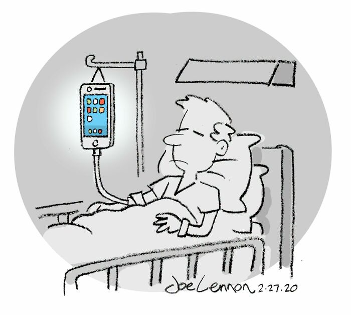 A Joe Lennon comic depicting a man in a hospital bed with an IV drip connected to his smartphone, highlighting a modern awkward moment.