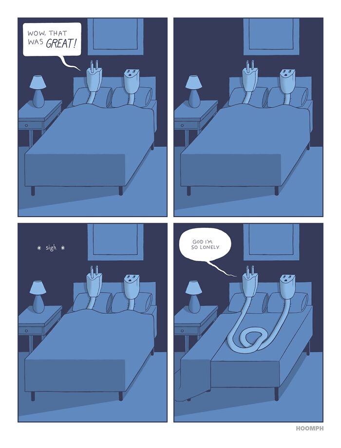 A comic by Bips McCallister featuring electrical plugs in bed, one expressing loneliness after a connection, highlighting absurd humor.