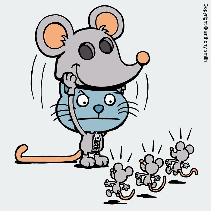 A cat disguised as a mouse, showcasing its cattitude, scares smaller mice away.