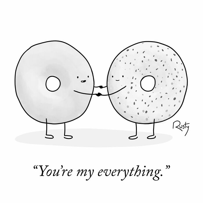 One-panel comics displaying a plain bagel holding hands with an everything bagel