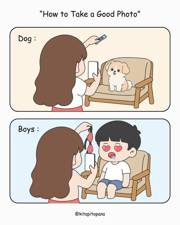 Relatable relationship comic showing how a girl takes photos of a dog versus how she takes photos of her boyfriend.