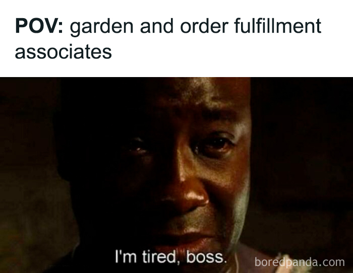 A meme featuring a tired character saying I am tired boss representing Home Depot employees posts