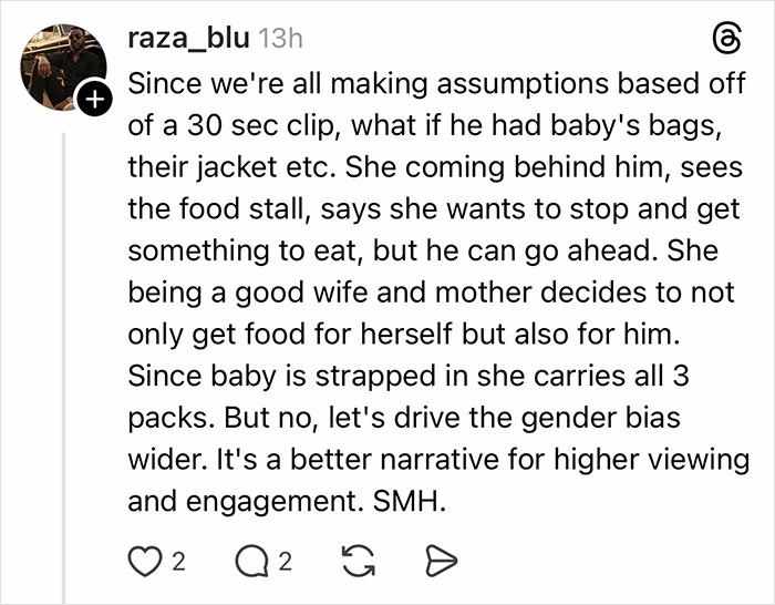 Comment explaining mom's actions while carrying baby and getting food