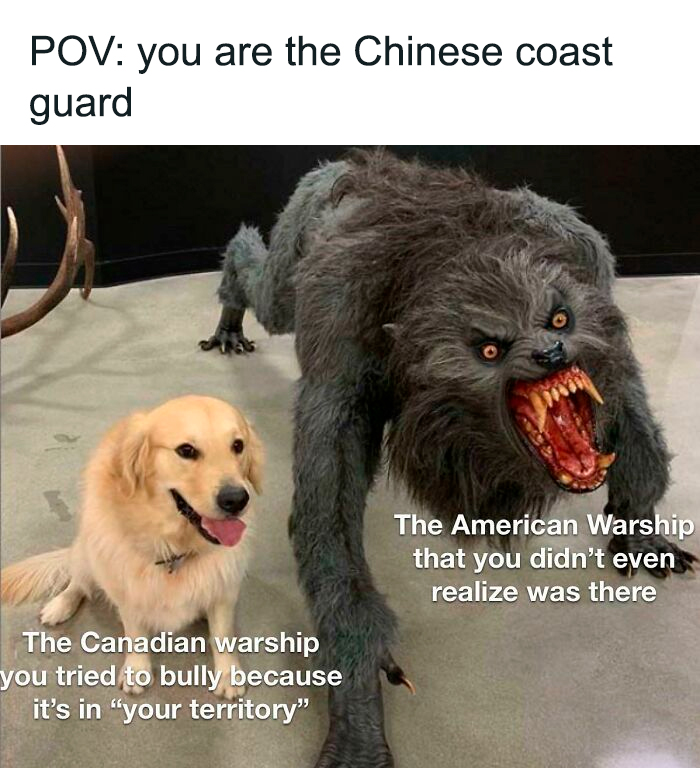 Meme with dog and monster labeled as Canadian and American warships